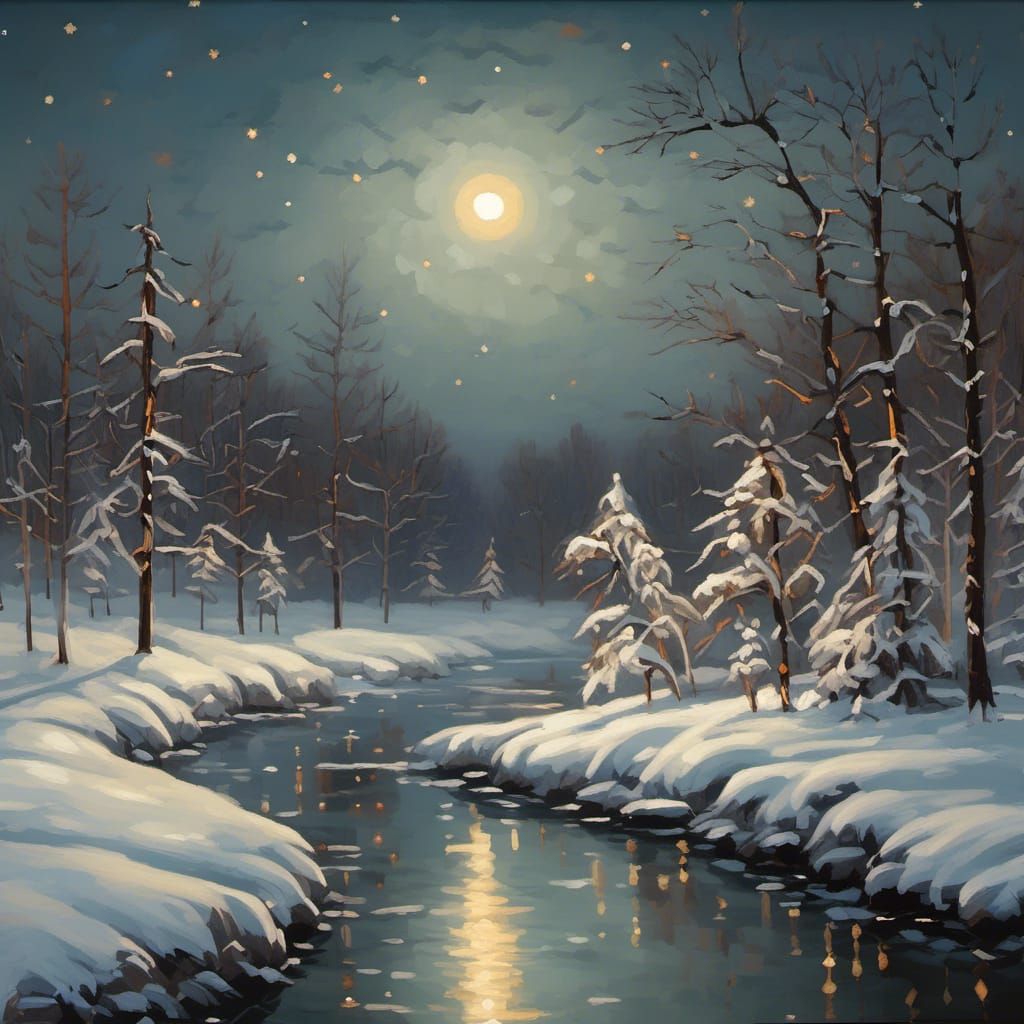 Moonlit Winter Riverscape Reflects Starry Night