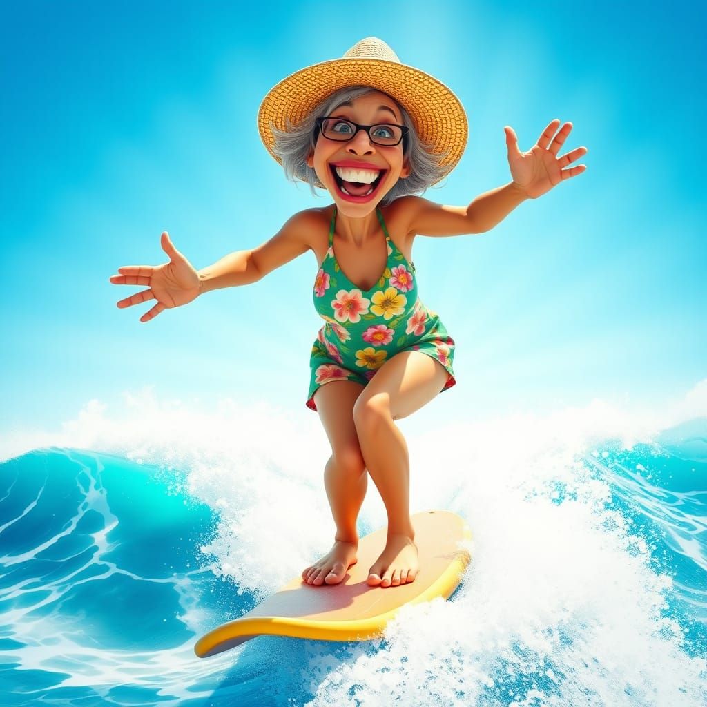 Elderly Woman Surfing in Pixar Animation Style