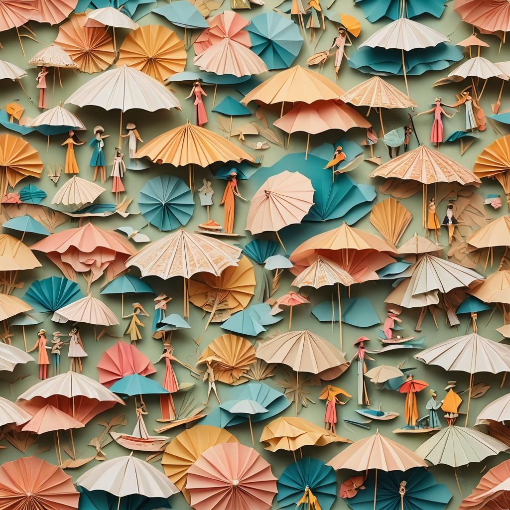 Surreal Beachgoers Enjoying Sunset in Papercraft Collage