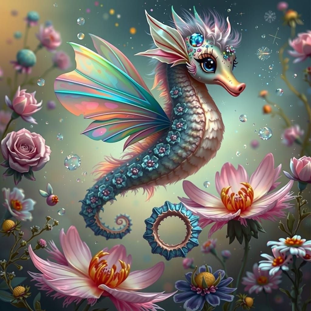 Whimsical Seahorse in Floral Fantasy