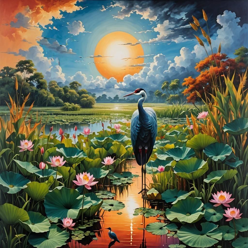 Crane Amongst the Lotus
