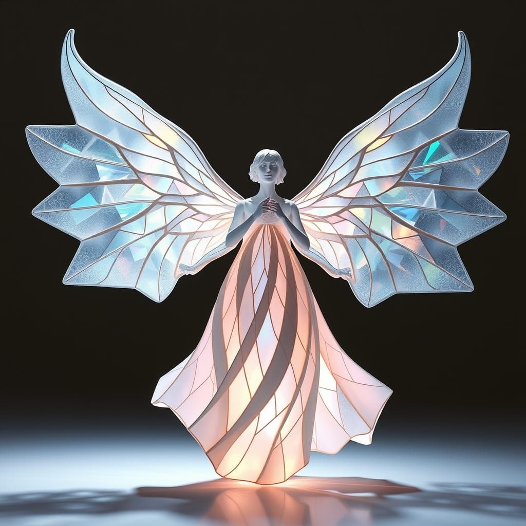 Dreamlike Angel Sculpture in Iridescent Glass
