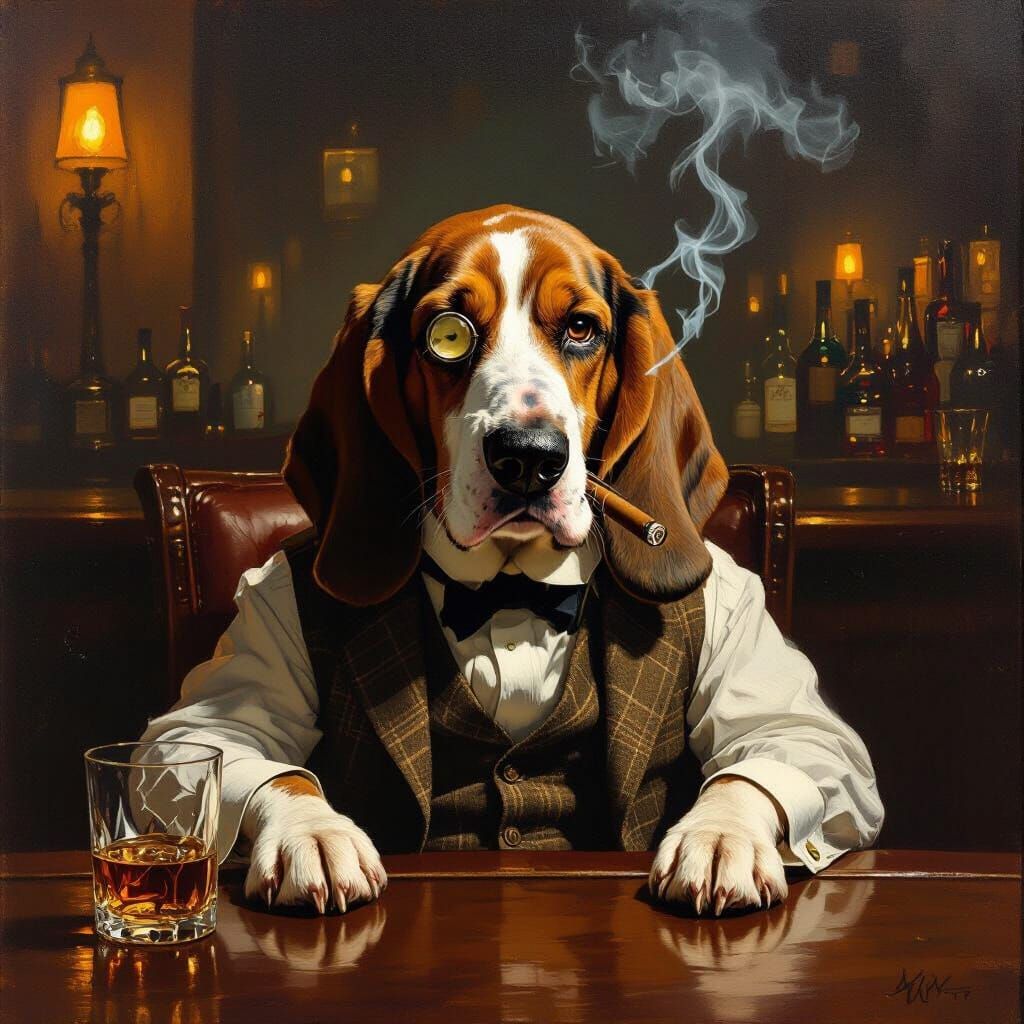 Dapper Basset Hound at Antique Bar