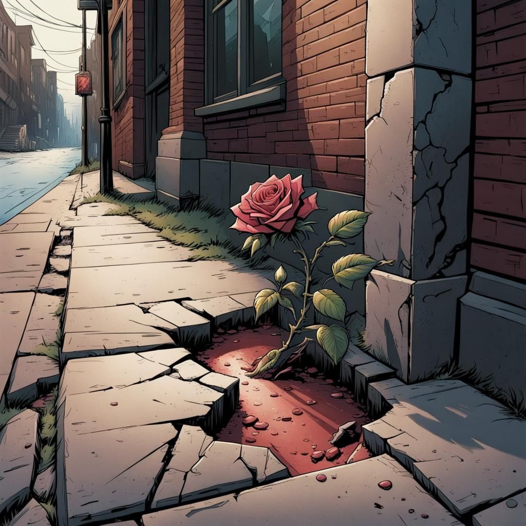 Rose Growing from Sidewalk Crack in Comic Book Art