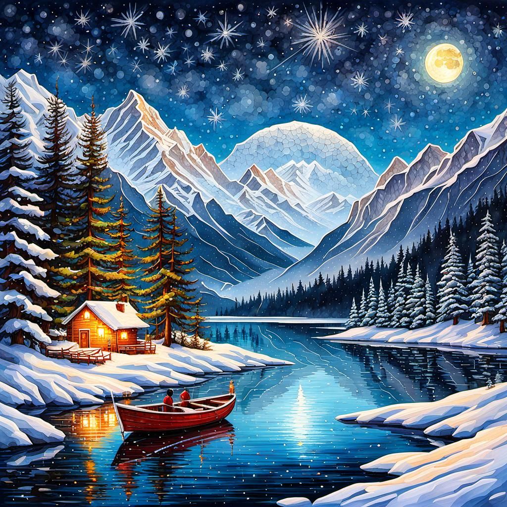 Winter Landscape with Fishing Boat in Digital Art