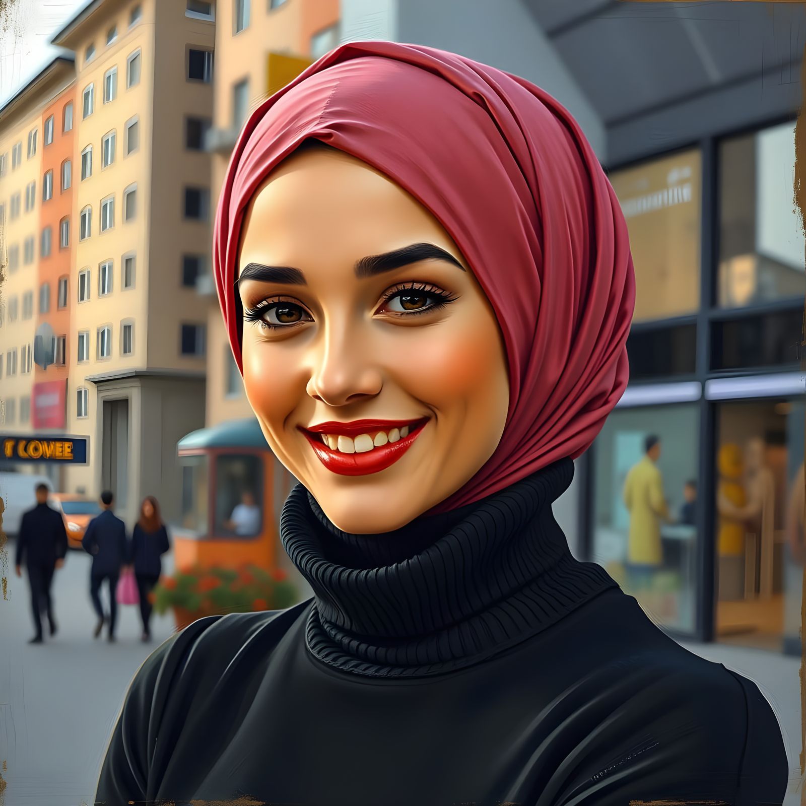 Elegant Hijabi Woman in Vibrant Cityscape