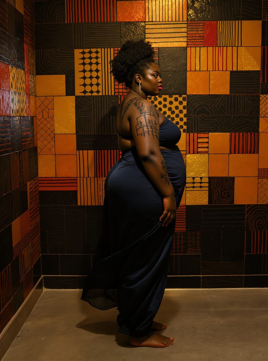 Plus Size Woman in Profile with Yoruba Art, Tenebrism Style