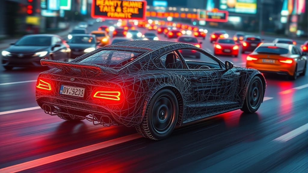 Wireframe Car Speeds Down Highway in Digital Art Style