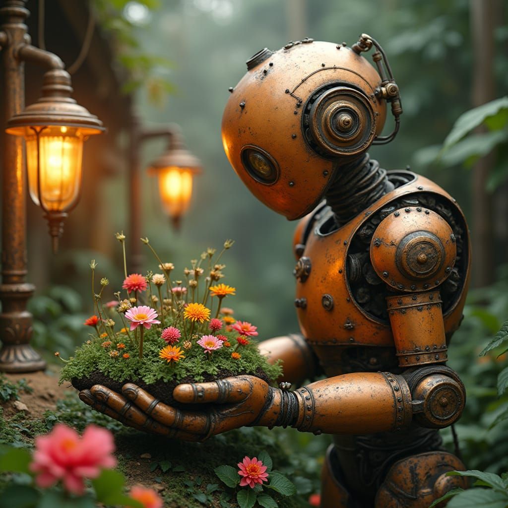Steampunk Robot Gardener with Miniature Garden