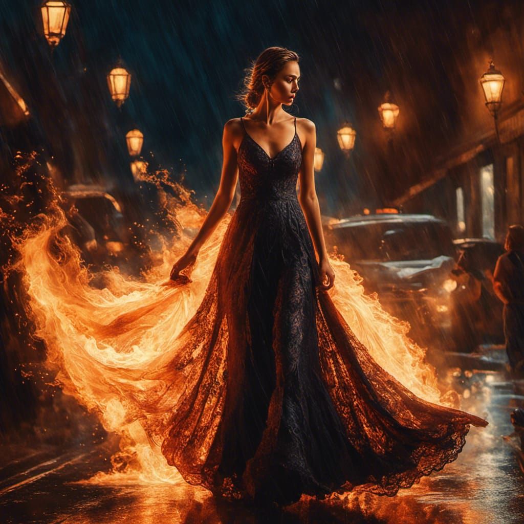 Flaming Dress on Rainy Street, Tonalist Abstract