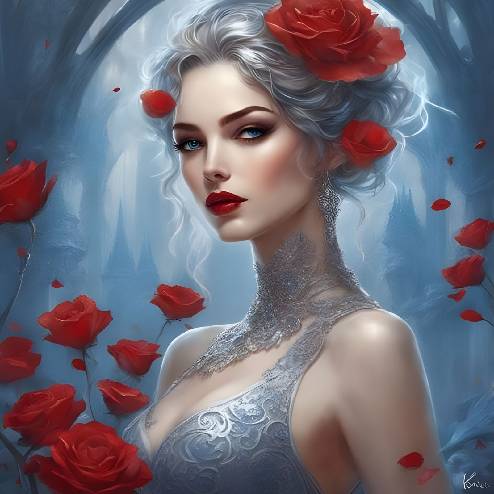 Gothic Beauty in Silver and Blue Rose Petals