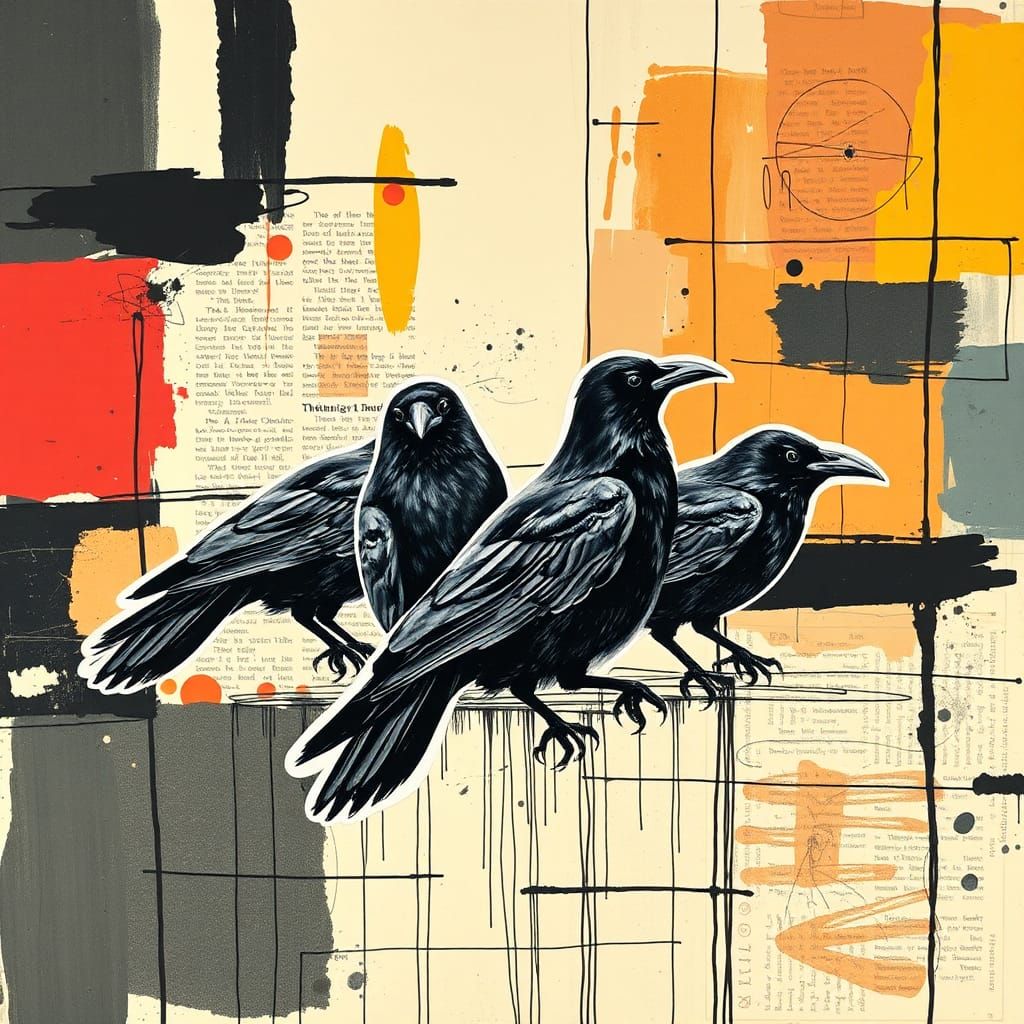 Newspaper Crows on Abstract Doodle Art Collage