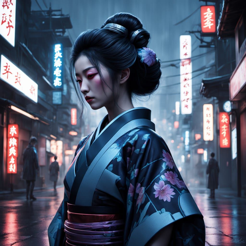 Cyberpunk Geisha in Desolate Cityscape