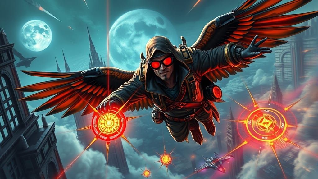 Eagle Cyber-Aviator Pirate Soaring Through Stormy Fortress