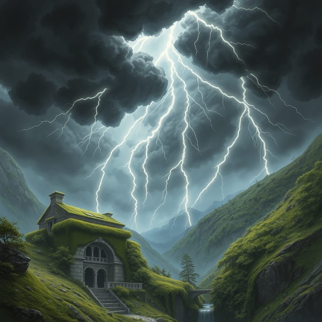Dramatic Storm Over Mossy Ruins
