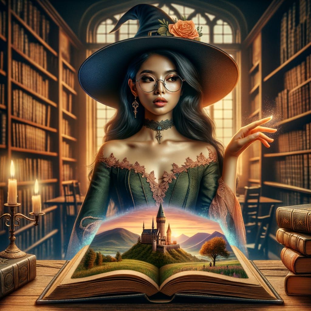 Magical Librarian Girl with Witch Hat in Enchanted Library
