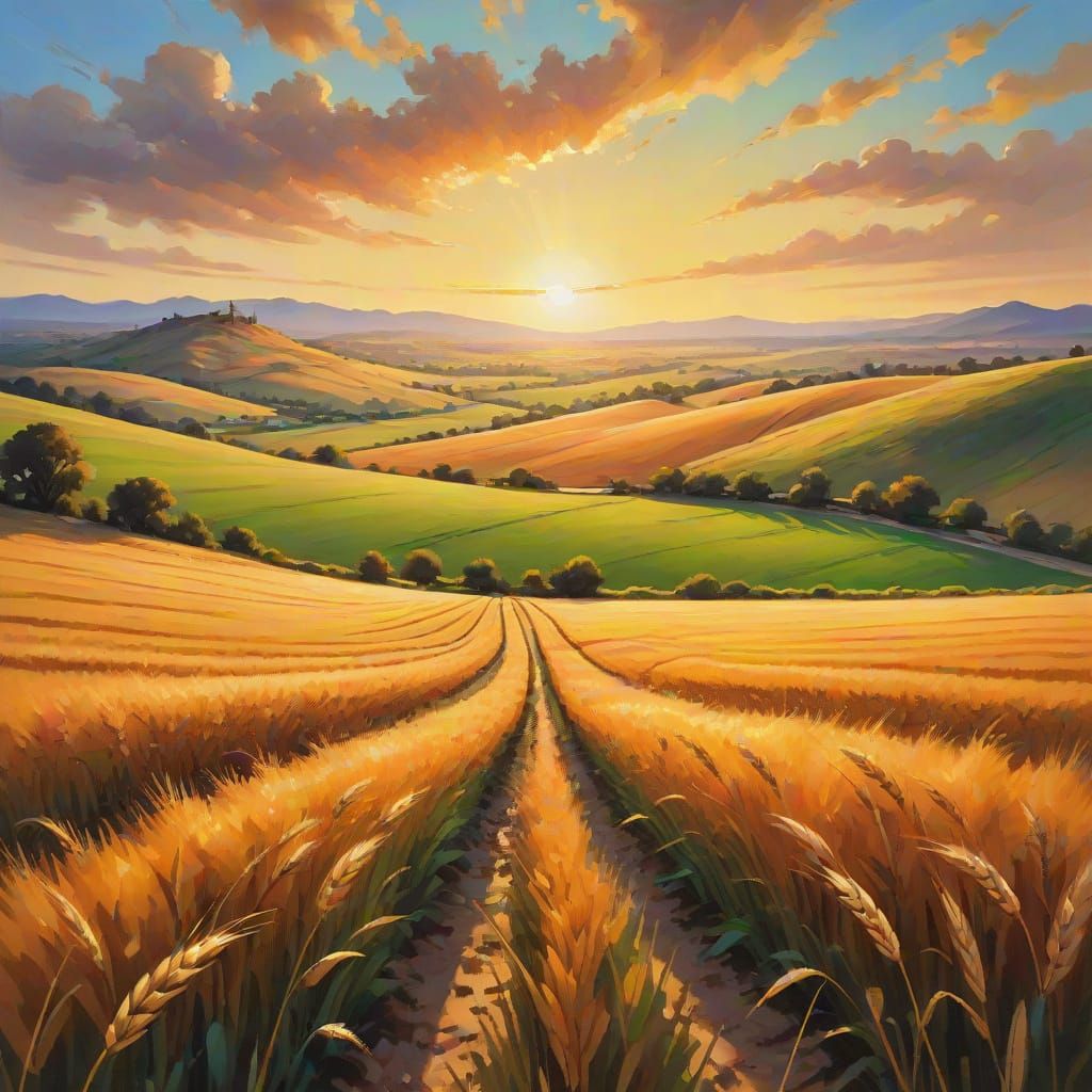 Warm Sunset Landscape in Vibrant Oil Painting Style