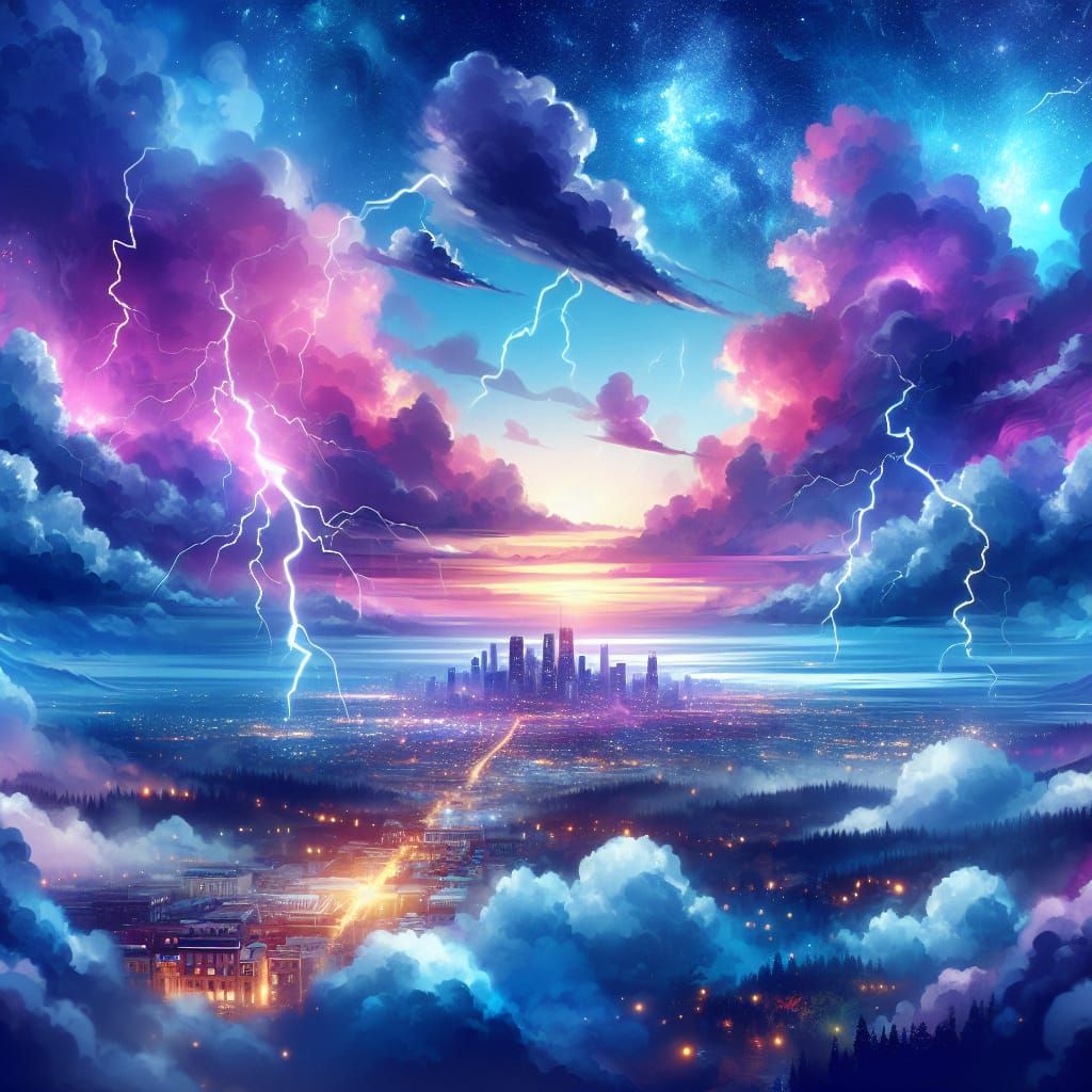 City in Clouds: Lightning Reveals Violet Sky