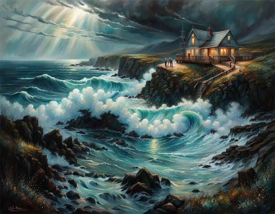 Dramatic Stormy Sea with Godrays, Hyperrealistic Art