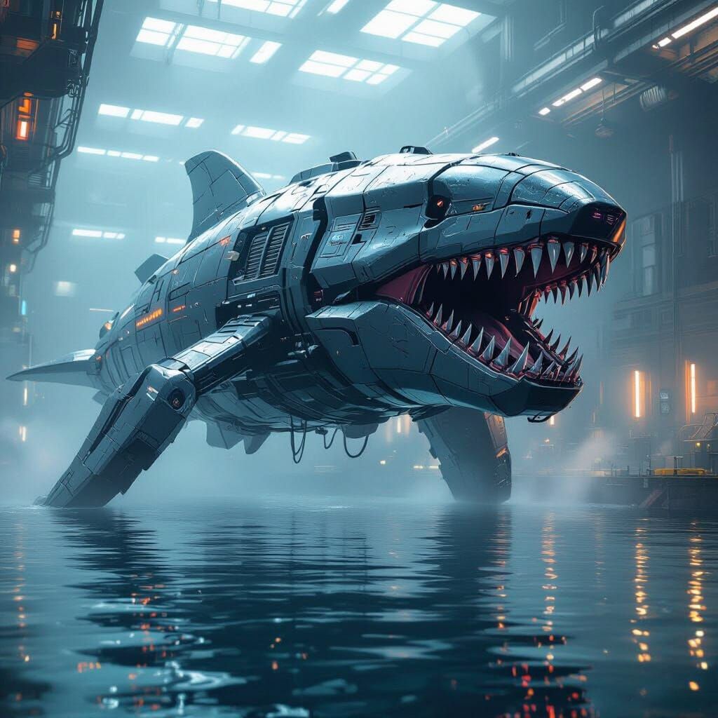 Futuristic Megalodon Robot in Industrial Bay
