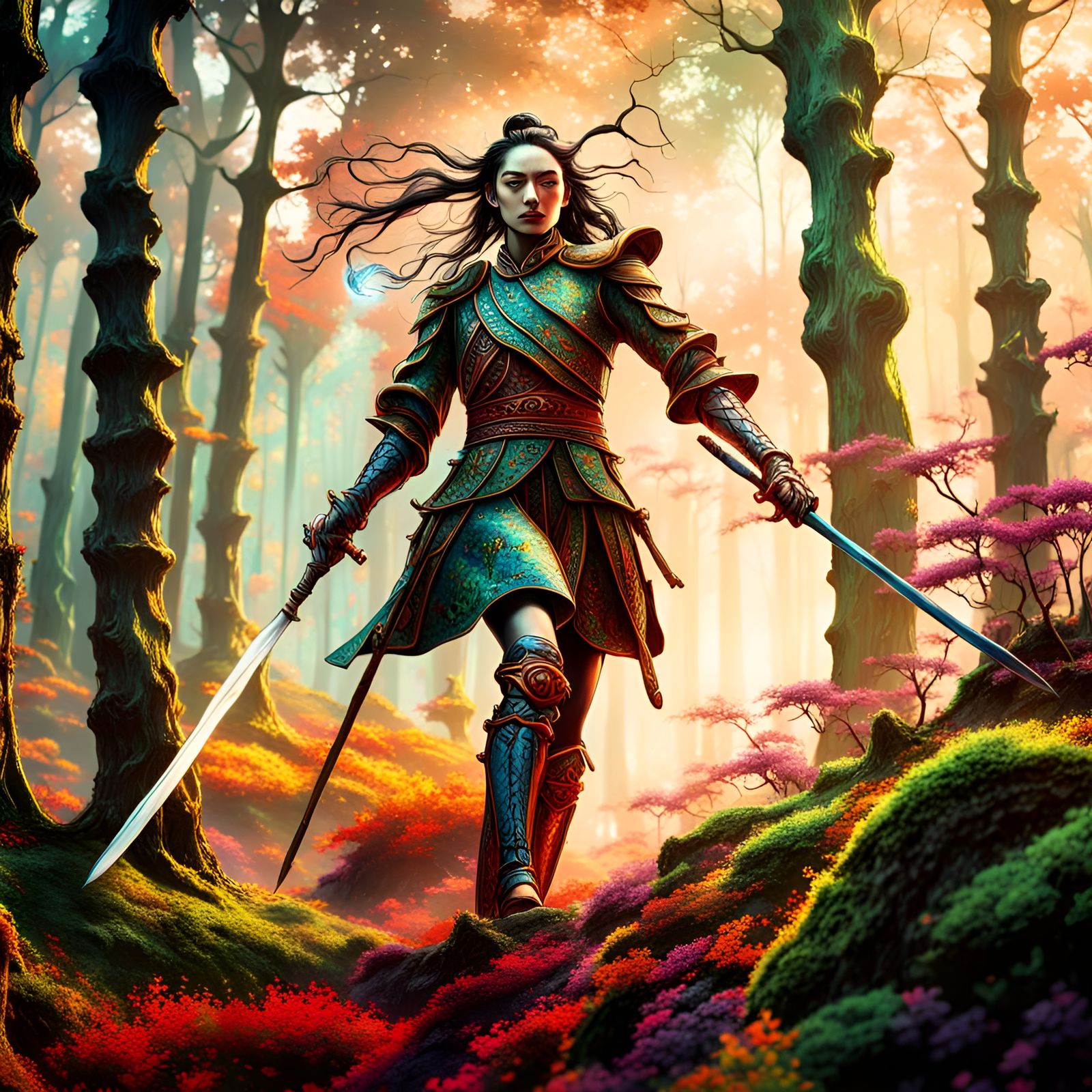 Surreal Warrior Girl in Vibrant Fantasy Forest