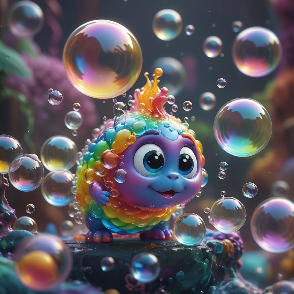 Rainbow Soap Bubble Creature in Surreal World