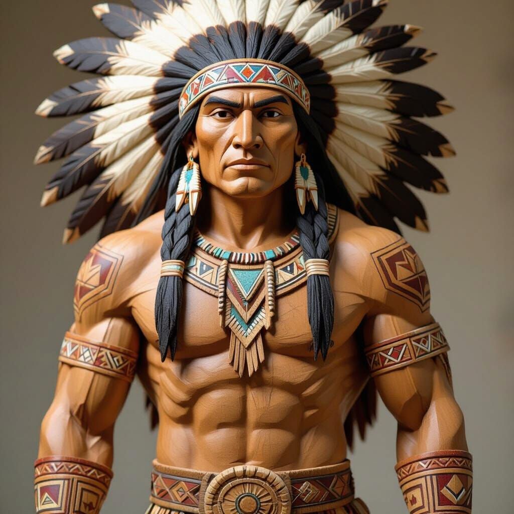 Hyperdetailed Wooden Native American Sculpture
