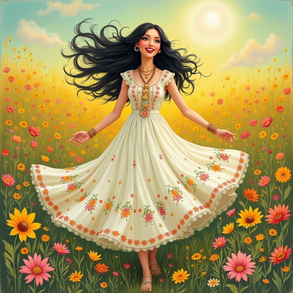 Romanticized Hippie Woman in Whimsical Floral Field