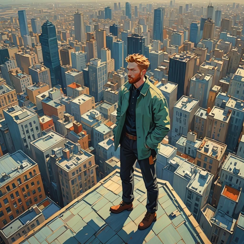 Man on Rooftop, Oil Painting in Post-Impressionist Style