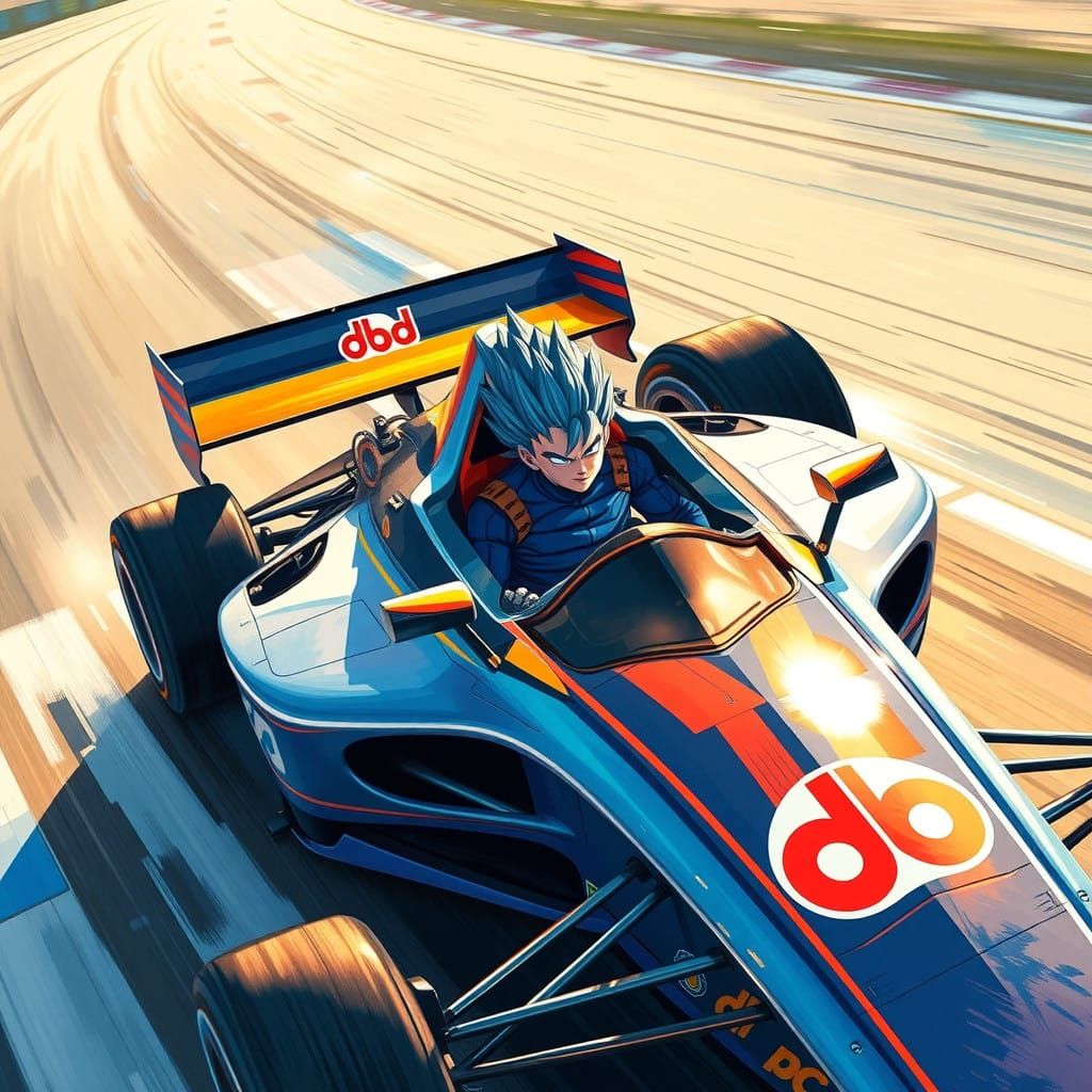Formula 1 Car Speeding with Super Saiyan Blue Goku at the Wh...