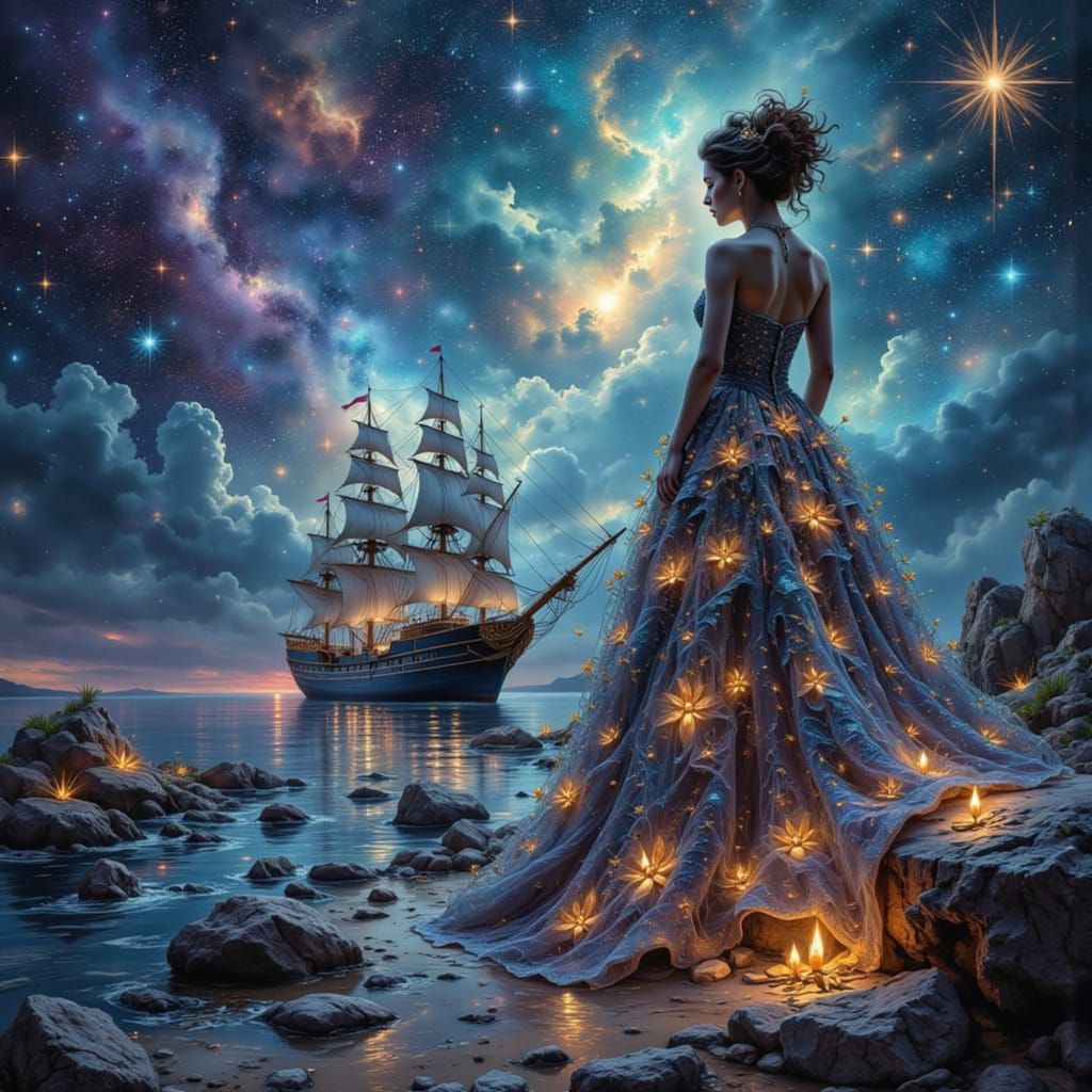 Ethereal Woman Sailing Celestial Ship Through Nebula