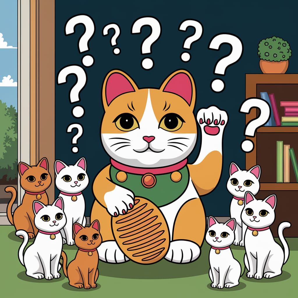 Kawaii Maneki Neko Surrounded by Cats in a Cozy Home