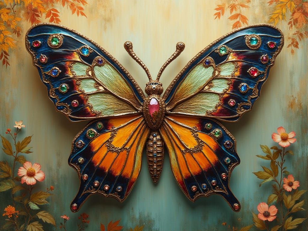 Art Nouveau Butterfly Brooch with Enamel and Gems