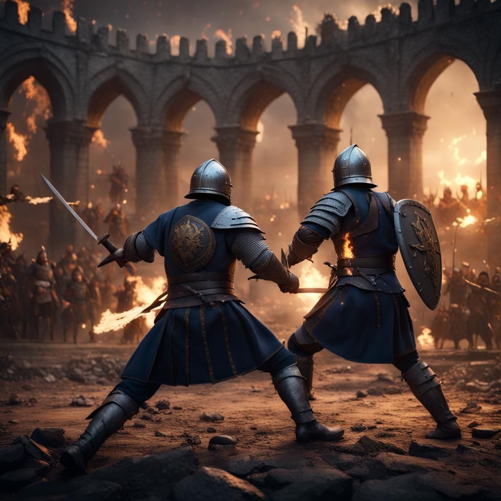 Medieval Soldiers Sparring in Coliseum at Twilight