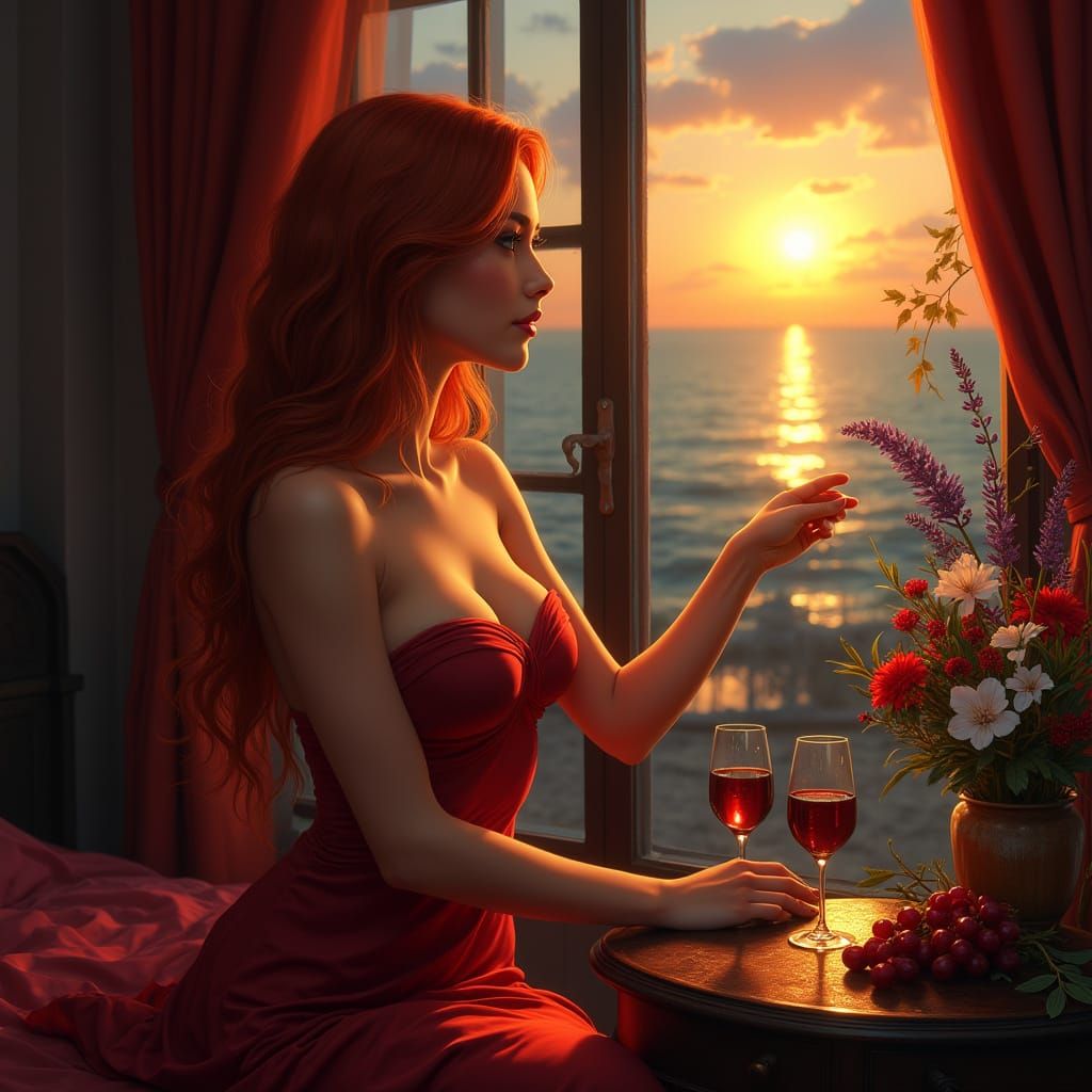 Redhead Woman Gazes at Tuscan Sunrise, Hyperrealistic Art