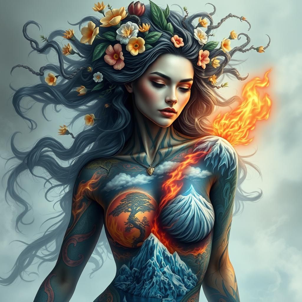 Elemental Goddess with Tattoos in Organic Style