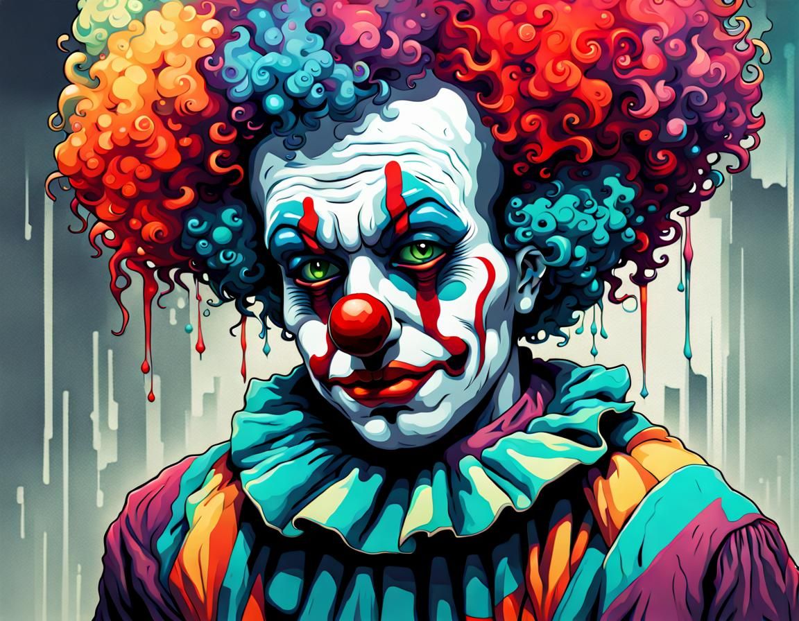 Sad Clown in Dystopian Future: Colorful Digital Art