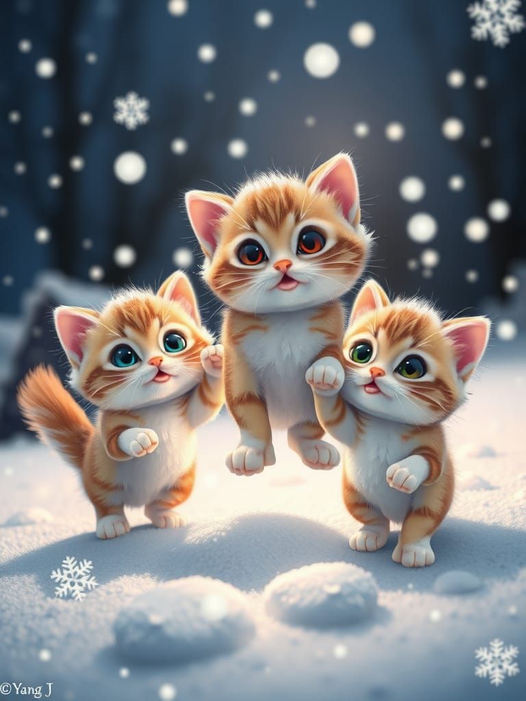 Playful Chibi Kittens in Snowy Night, Pixar Style