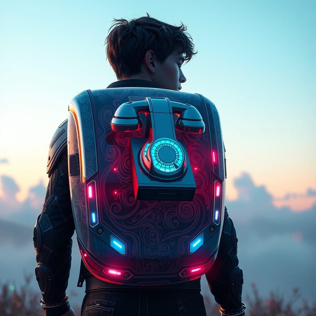 Young Man in Futuristic Exosuit-Inspired Backpack with Retro...