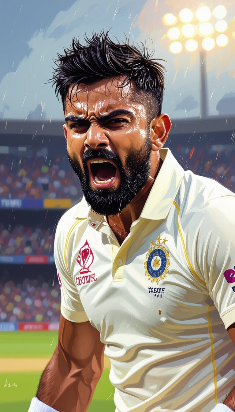 Virat Kohli: Intense Cricket Moment in Oil Painting Style