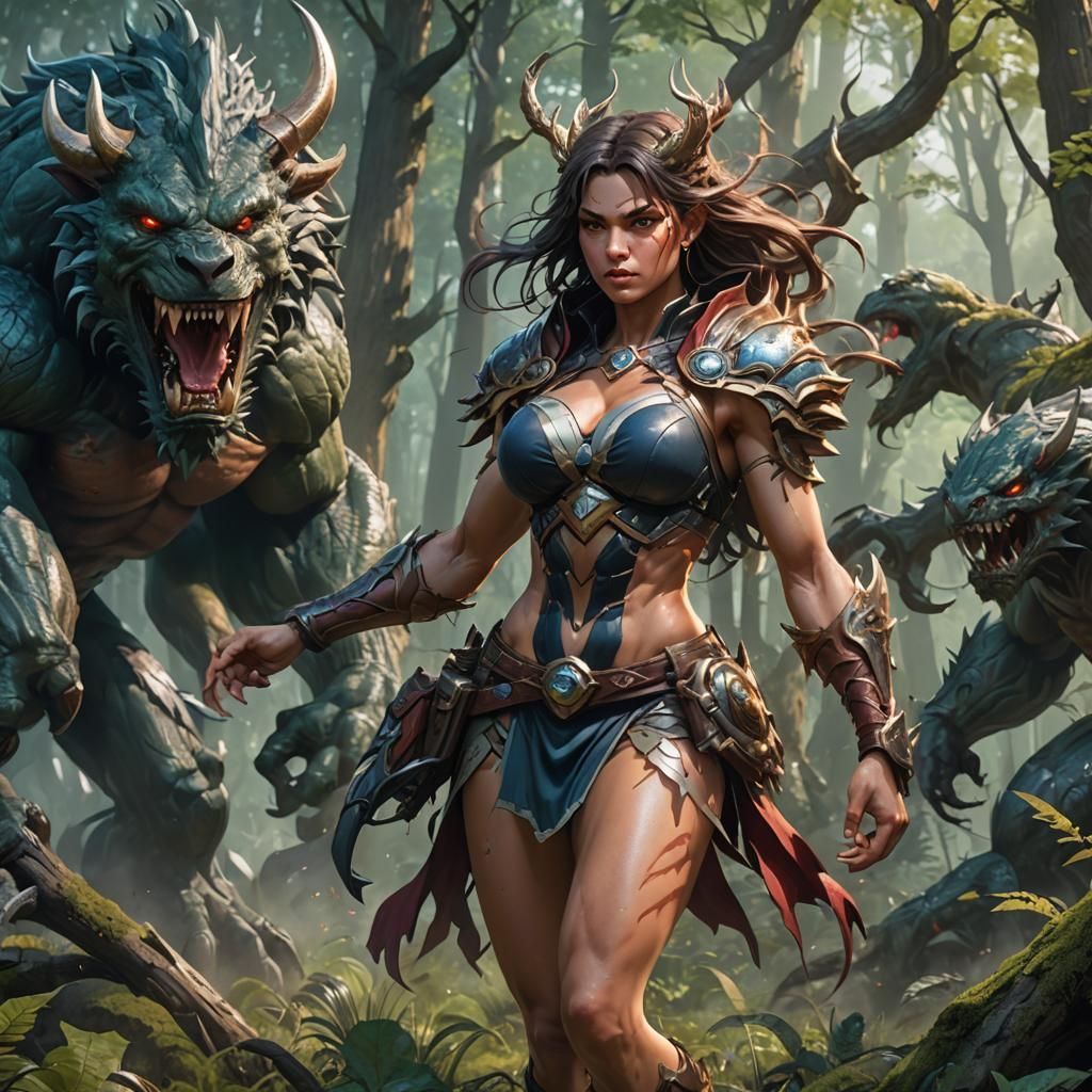 Muscular Woman Battles Monsters: Hyperdetailed Artstation Po...