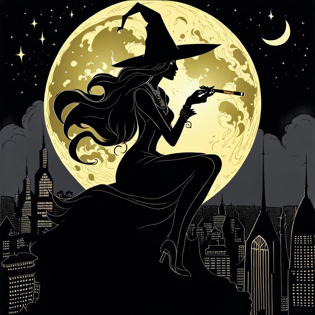 Pale Witch on Gargoyle in Larson-esque Ink Style