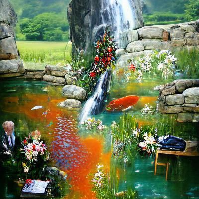Heavenly Garden Waterfall with Koi Fish as Oil Painting