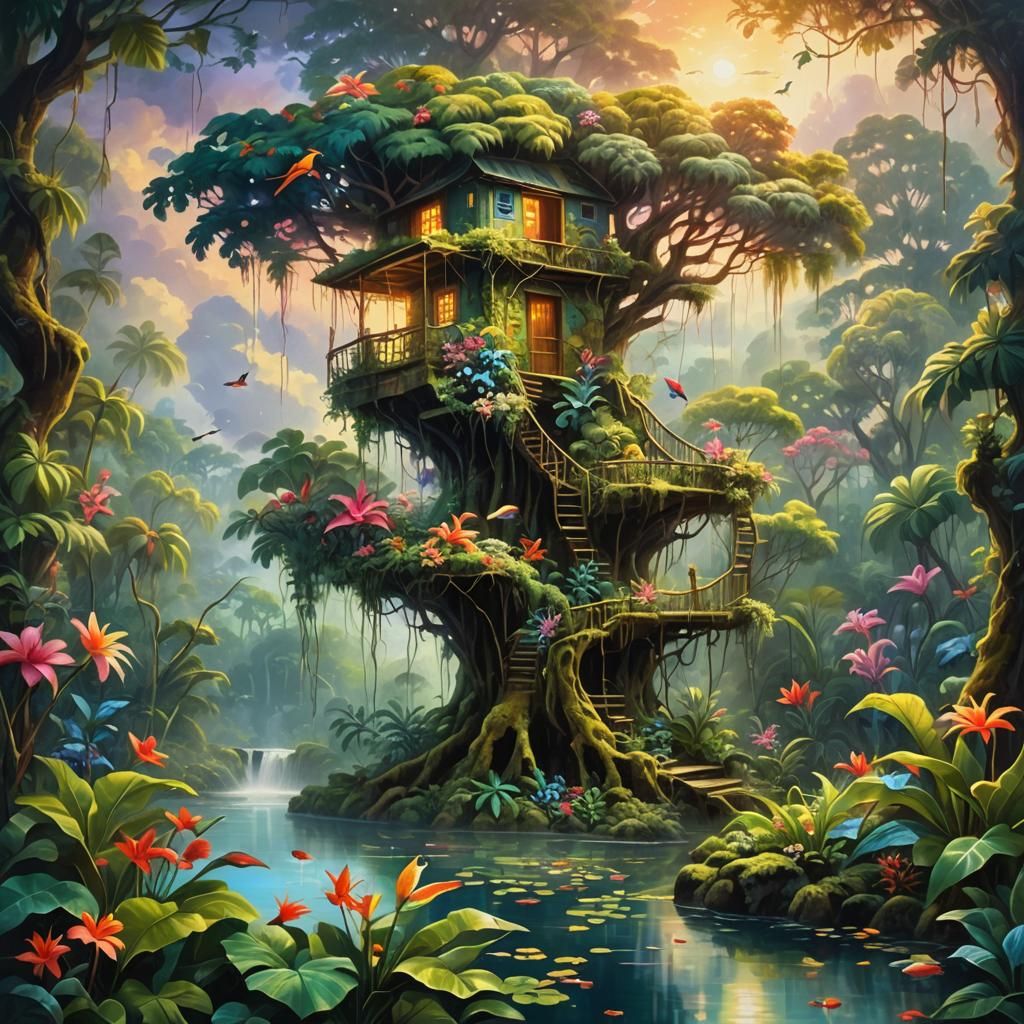Surreal Tropical Rainforest Oil Painting in 8K