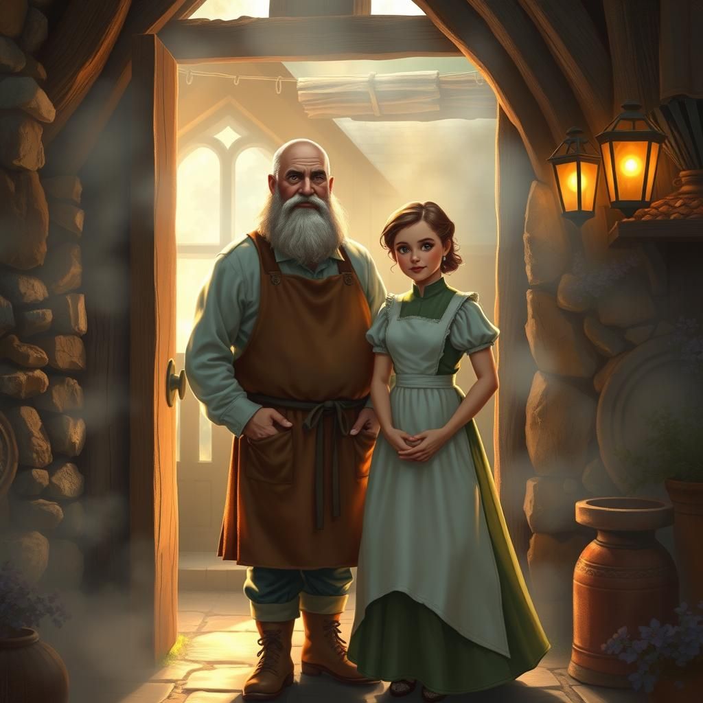 Cozy Innkeeper and Assistant in Warm Light