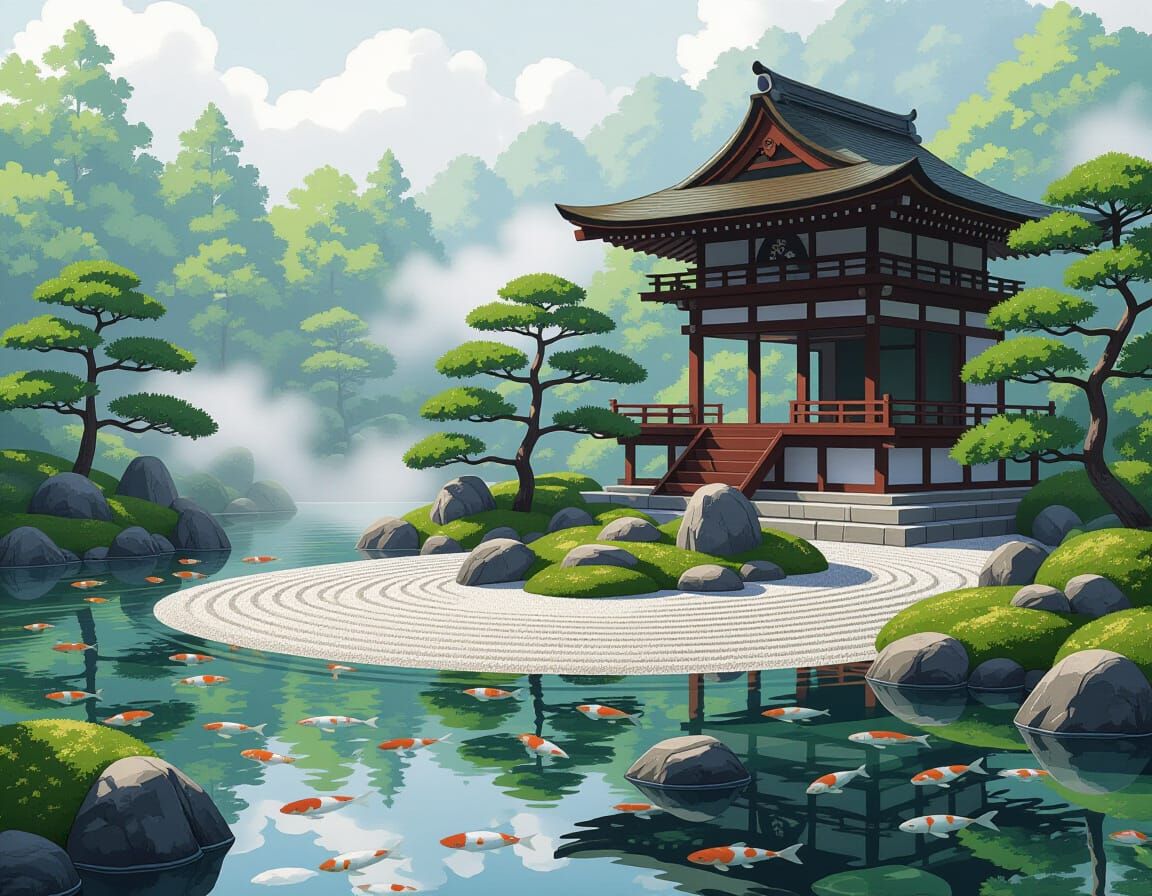 Serene Japanese Zen Garden on Floating Island Over Koi Pond