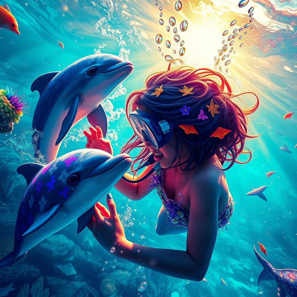 Diving Girl Meets Dolphin in a Vibrant Underwater World of W...