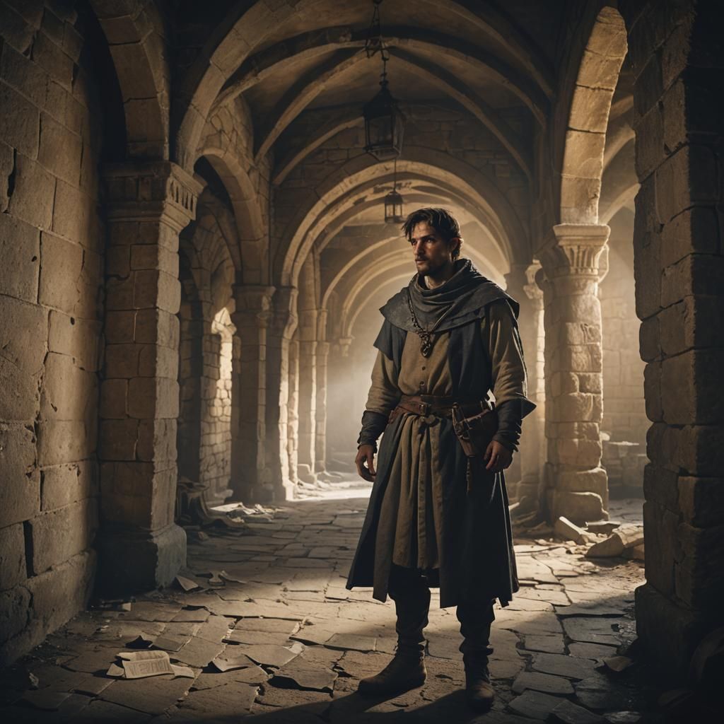 Eerie Medieval Servant in Abandoned Castle Hall
