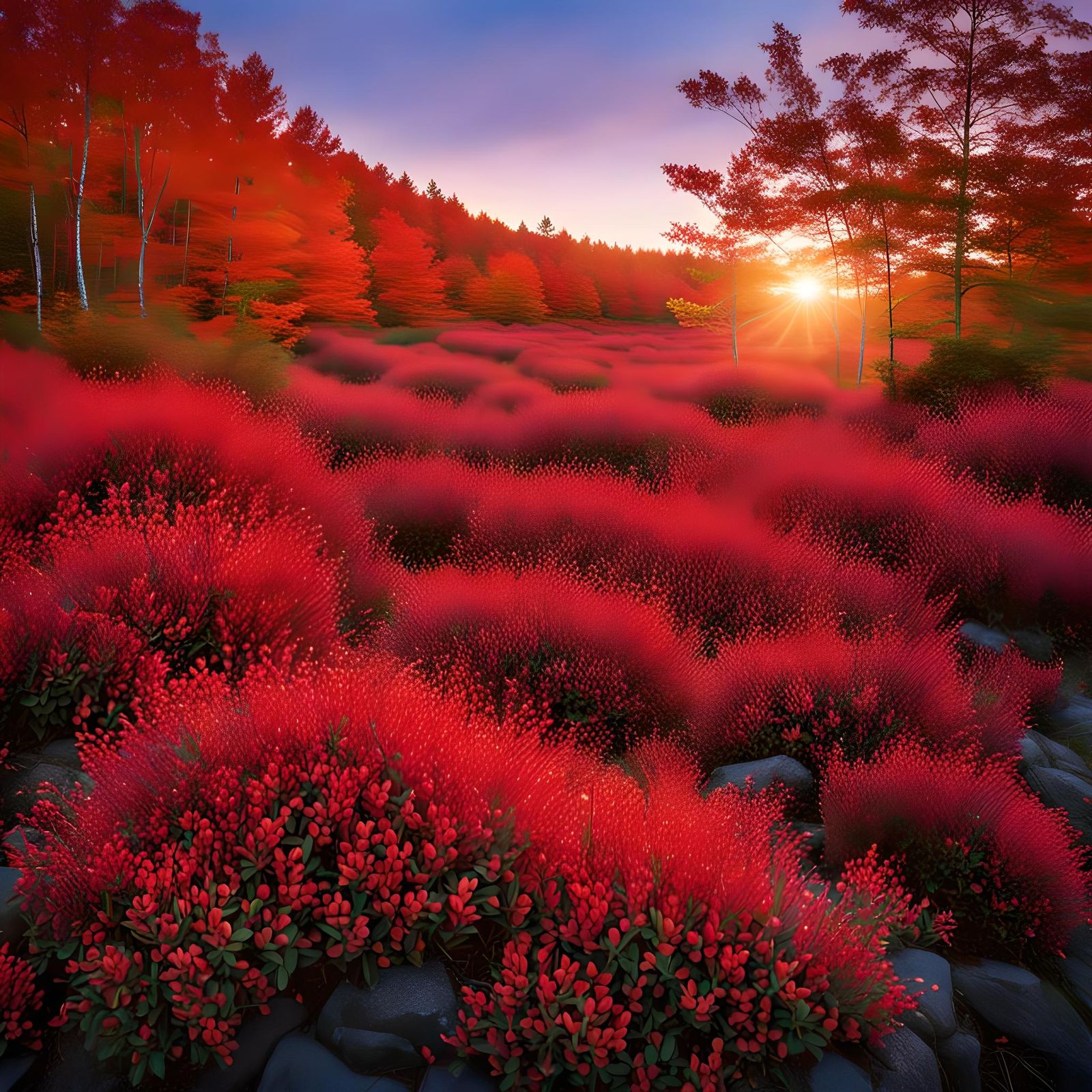 Autumn Sunrise Illuminates Red Blueberry Bushes, Maine