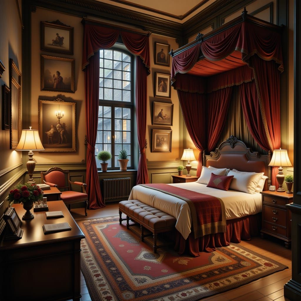 1800s Opulent Hotel Suite with Canopy Bed